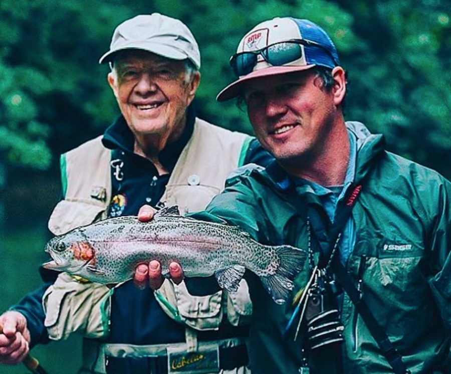 Hunter Morris guiding President Jimmy Carter with a wild rainbow trout